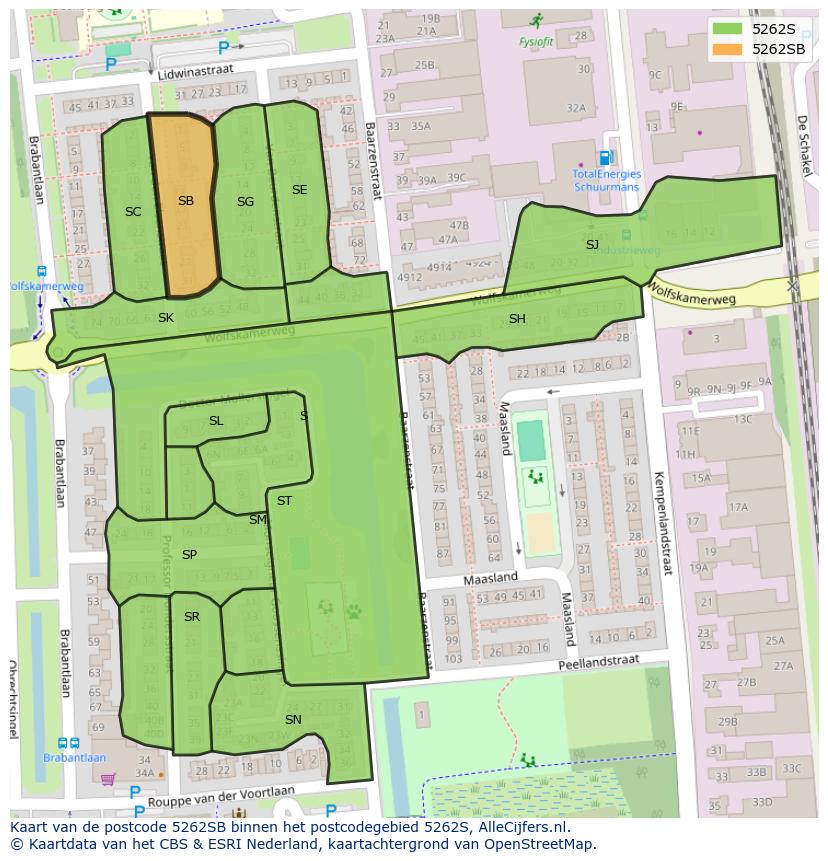 Afbeelding van het postcodegebied 5262 SB op de kaart.