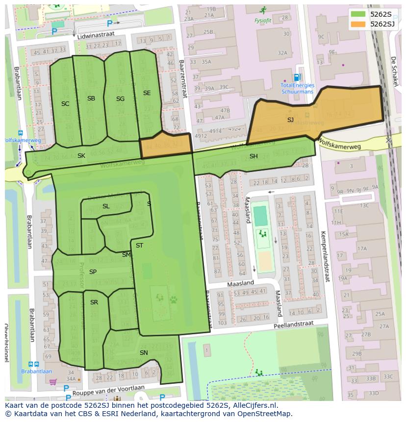 Afbeelding van het postcodegebied 5262 SJ op de kaart.
