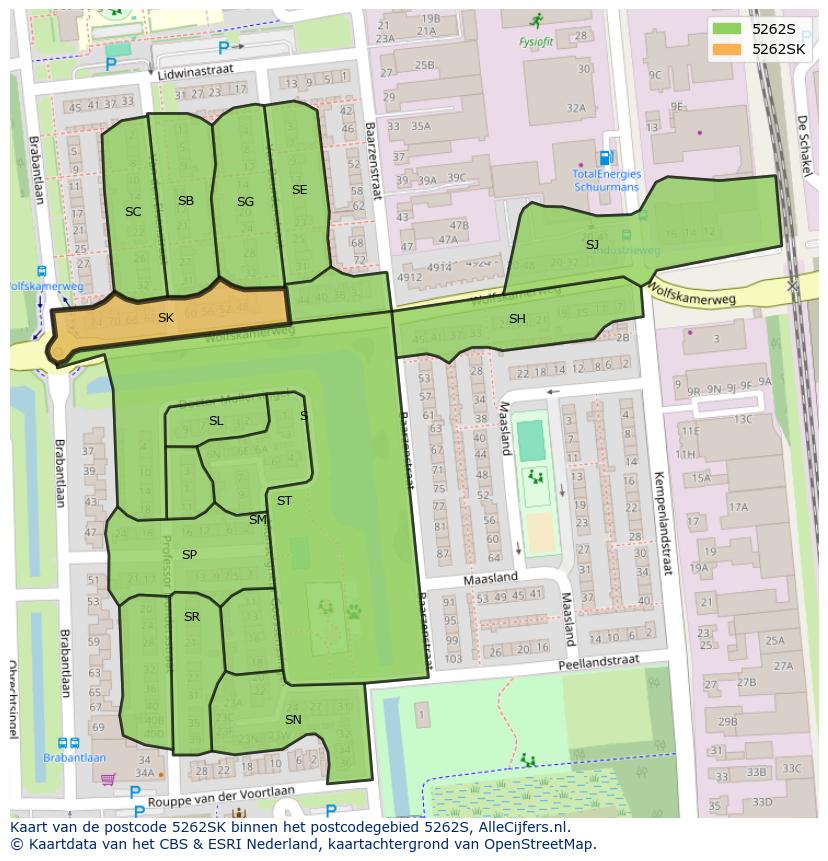 Afbeelding van het postcodegebied 5262 SK op de kaart.