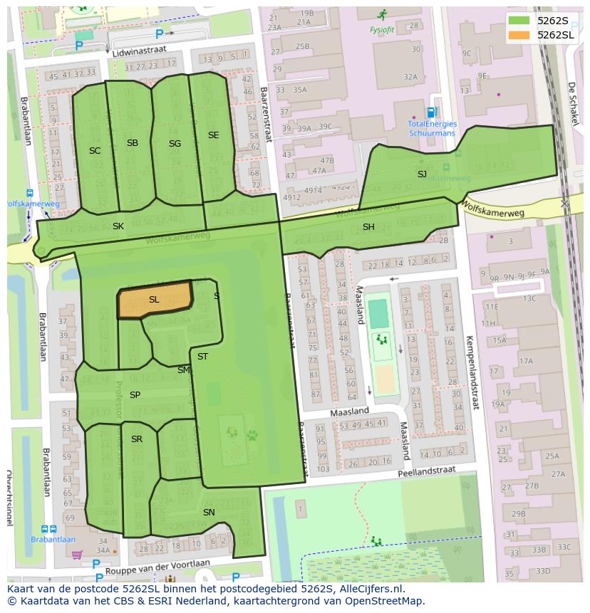 Afbeelding van het postcodegebied 5262 SL op de kaart.