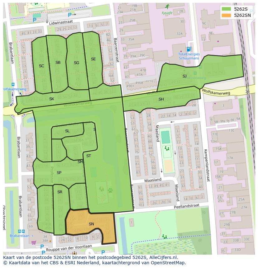 Afbeelding van het postcodegebied 5262 SN op de kaart.