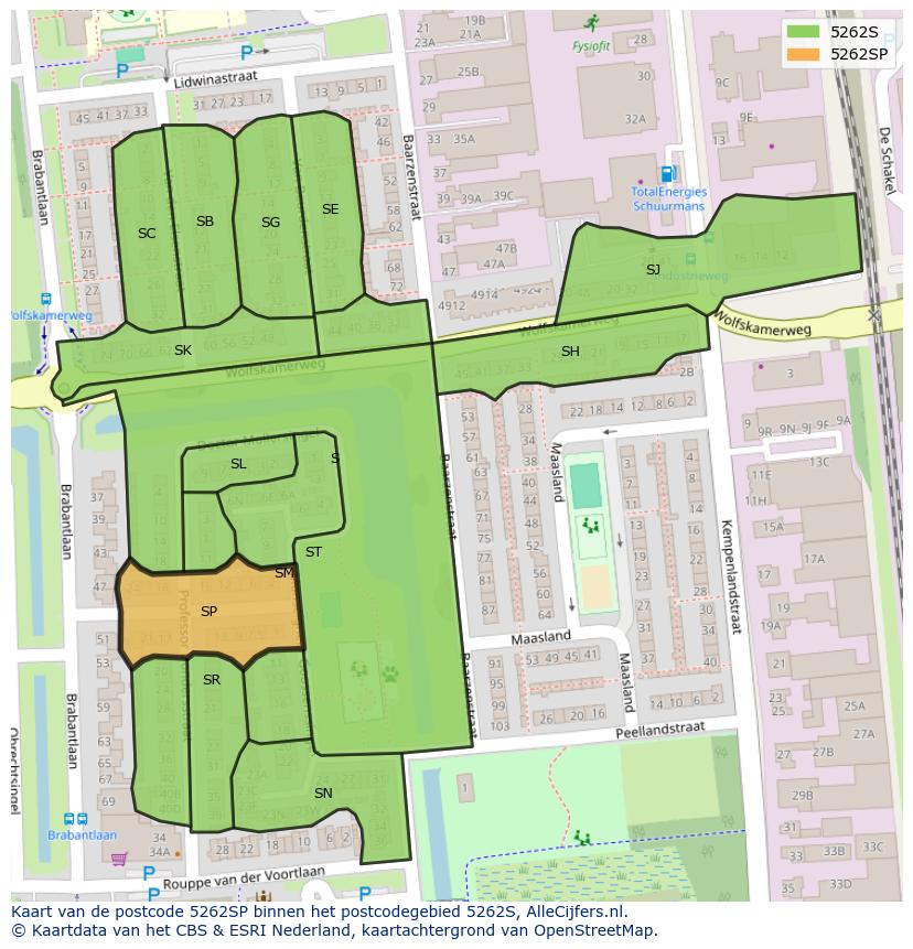 Afbeelding van het postcodegebied 5262 SP op de kaart.