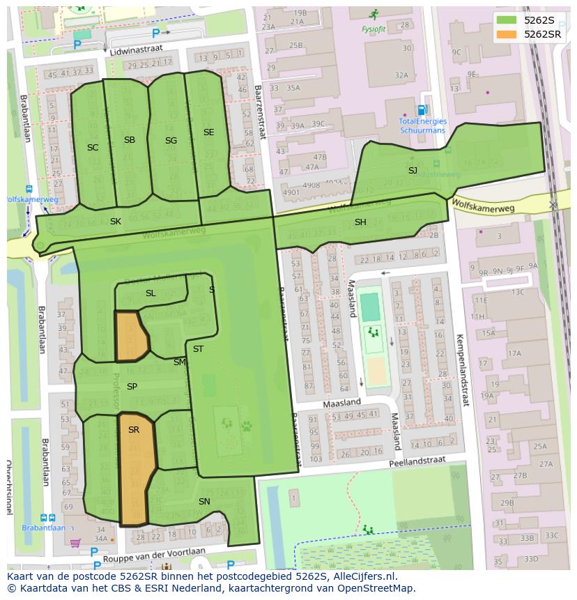 Afbeelding van het postcodegebied 5262 SR op de kaart.