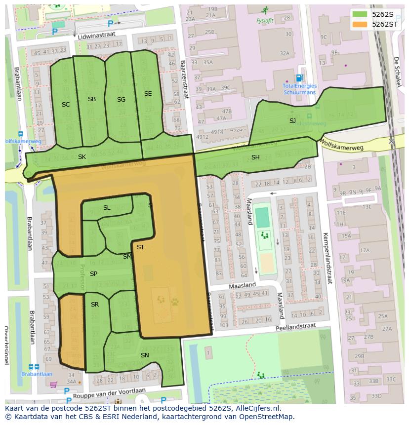 Afbeelding van het postcodegebied 5262 ST op de kaart.