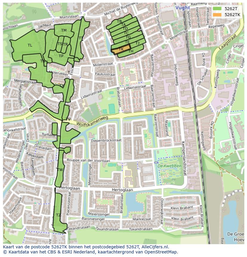 Afbeelding van het postcodegebied 5262 TK op de kaart.