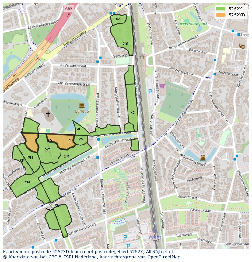 Afbeelding van het postcodegebied 5262 XD op de kaart.