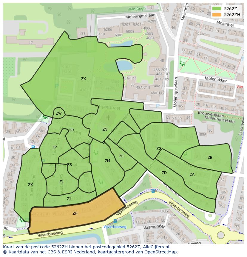 Afbeelding van het postcodegebied 5262 ZH op de kaart.