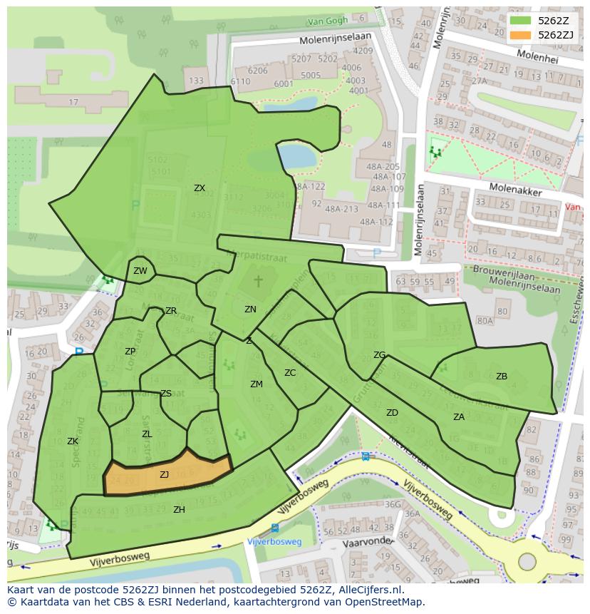 Afbeelding van het postcodegebied 5262 ZJ op de kaart.