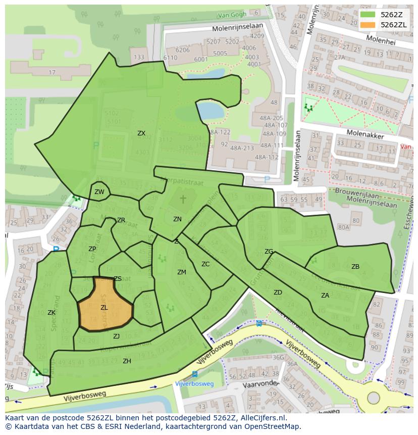 Afbeelding van het postcodegebied 5262 ZL op de kaart.