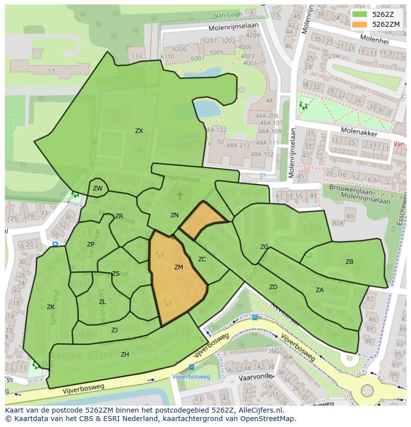 Afbeelding van het postcodegebied 5262 ZM op de kaart.