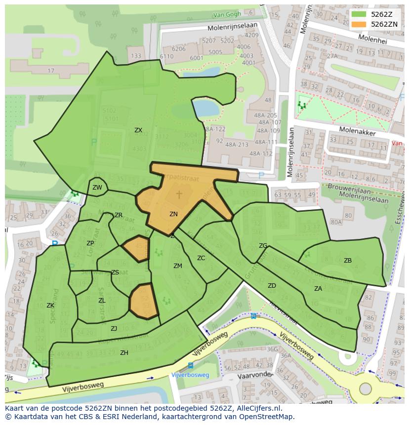 Afbeelding van het postcodegebied 5262 ZN op de kaart.