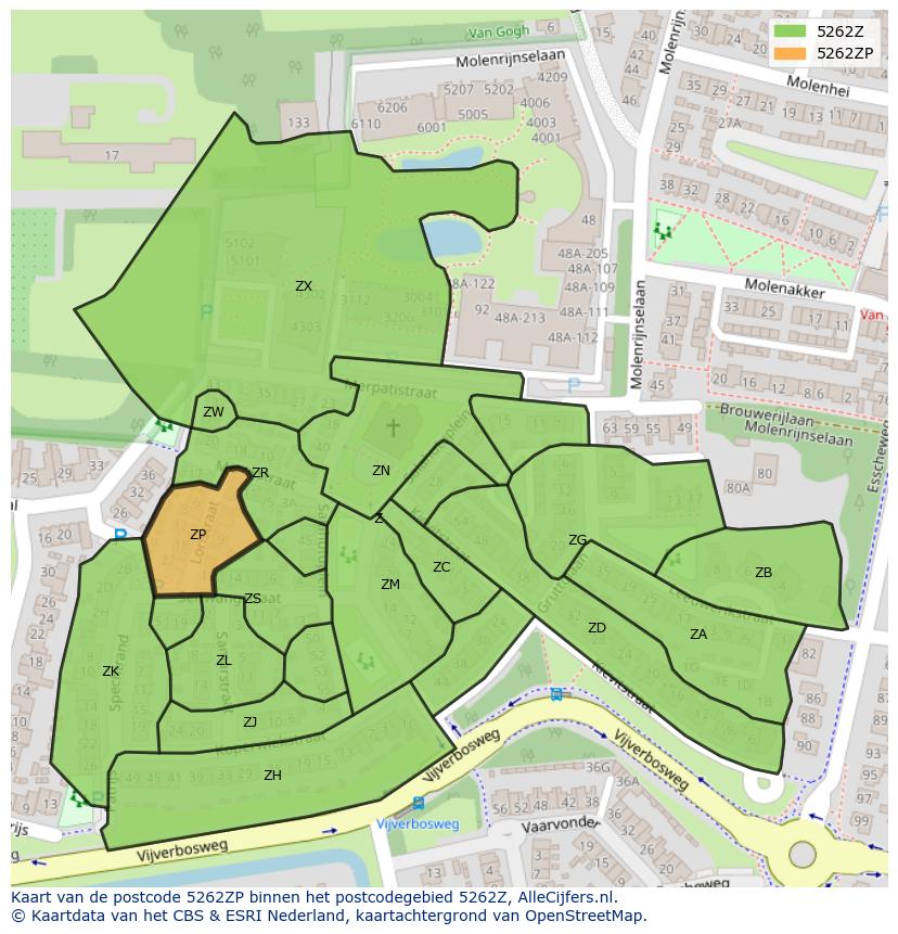 Afbeelding van het postcodegebied 5262 ZP op de kaart.