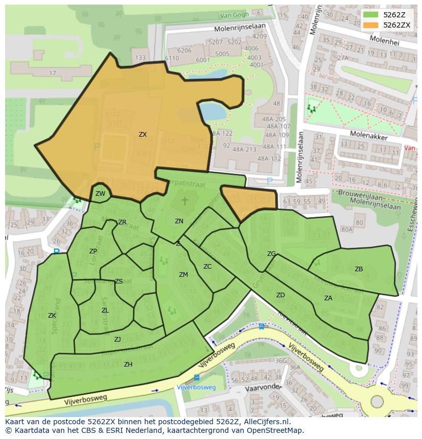 Afbeelding van het postcodegebied 5262 ZX op de kaart.