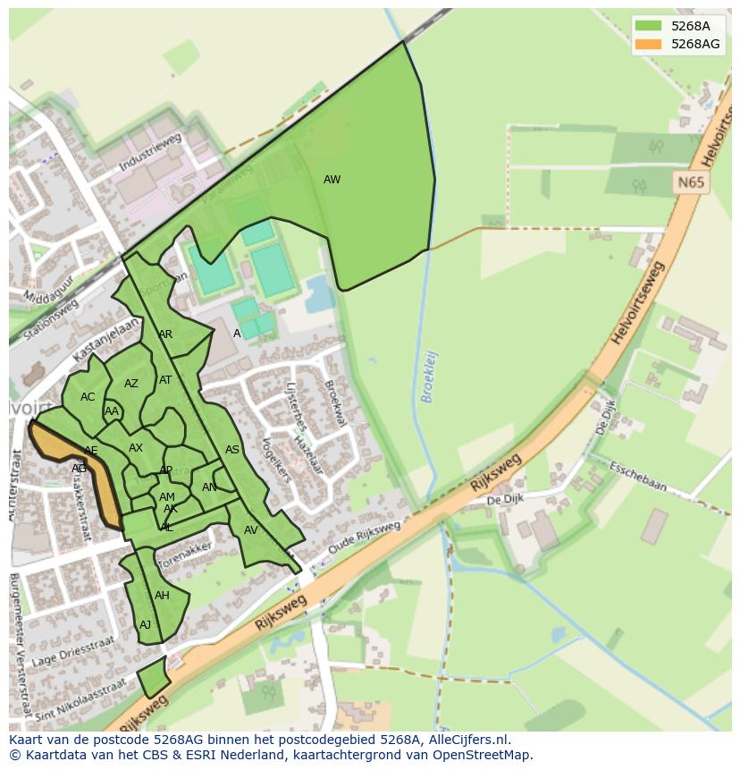 Afbeelding van het postcodegebied 5268 AG op de kaart.