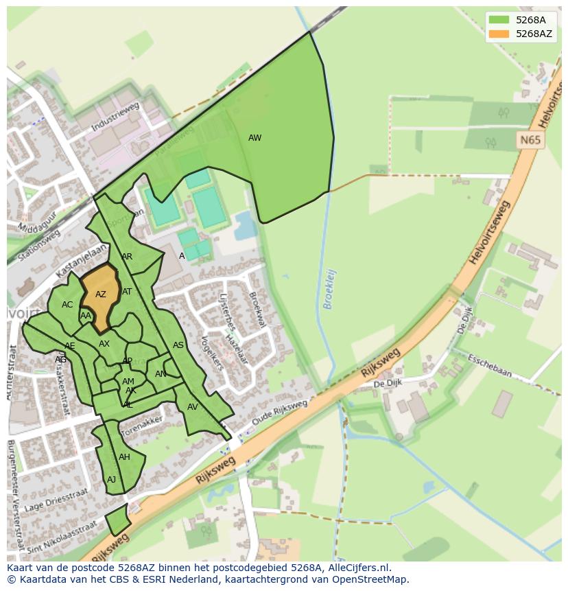 Afbeelding van het postcodegebied 5268 AZ op de kaart.