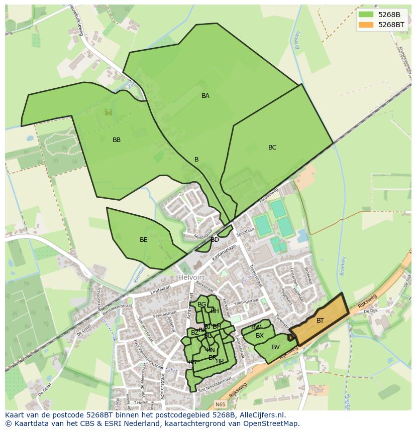 Afbeelding van het postcodegebied 5268 BT op de kaart.