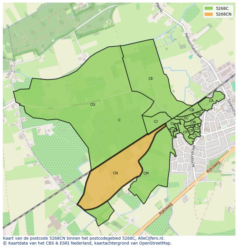 Afbeelding van het postcodegebied 5268 CN op de kaart.