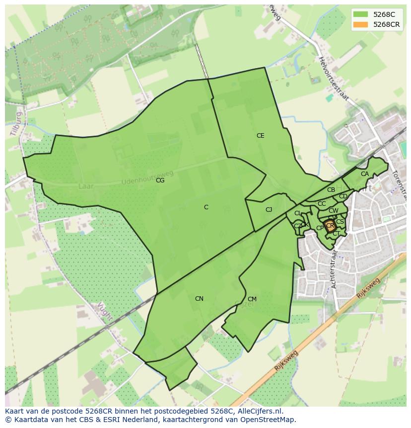 Afbeelding van het postcodegebied 5268 CR op de kaart.