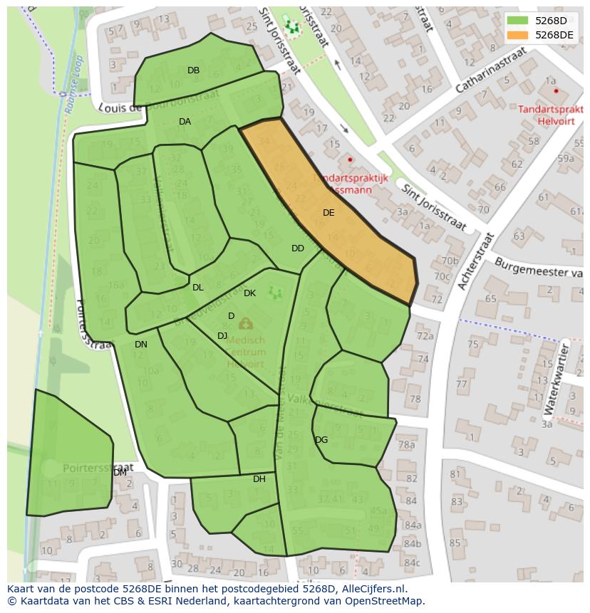 Afbeelding van het postcodegebied 5268 DE op de kaart.