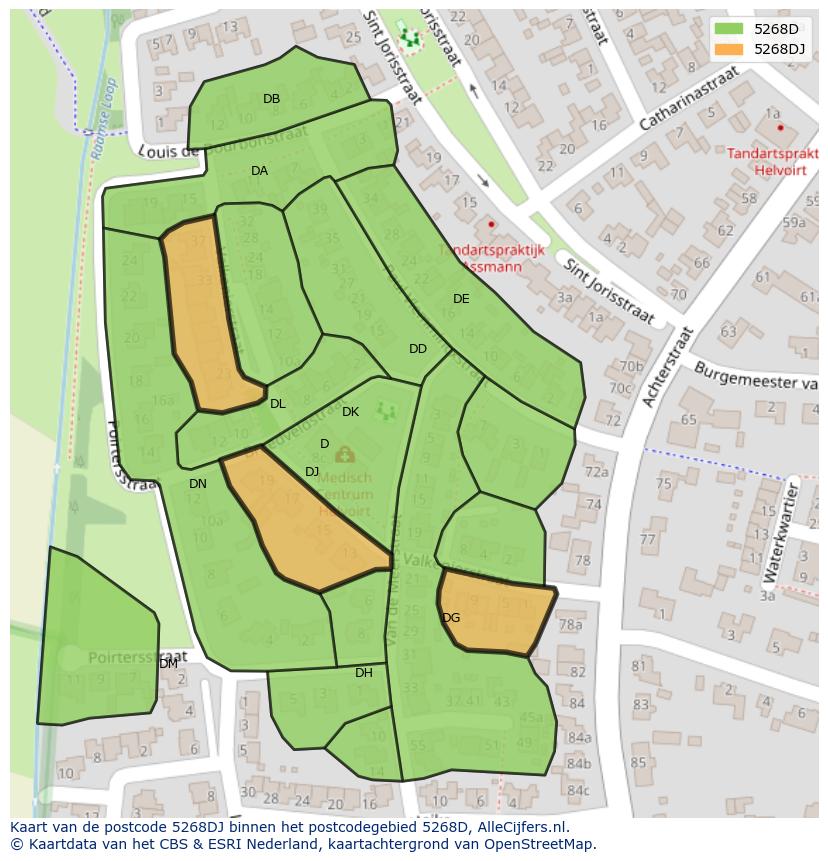 Afbeelding van het postcodegebied 5268 DJ op de kaart.