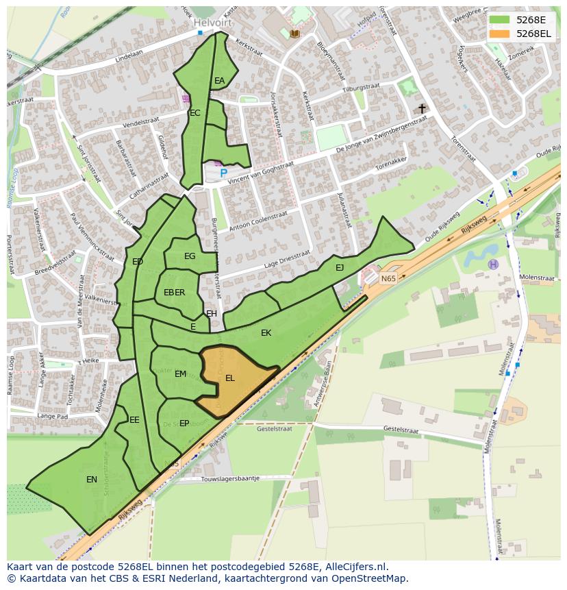 Afbeelding van het postcodegebied 5268 EL op de kaart.