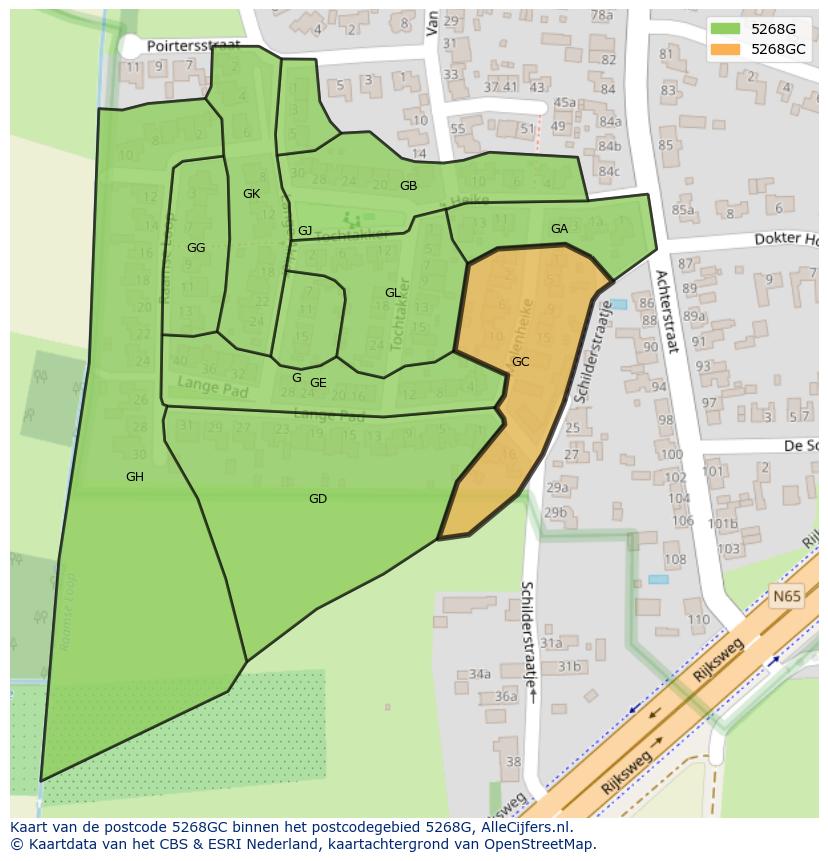 Afbeelding van het postcodegebied 5268 GC op de kaart.