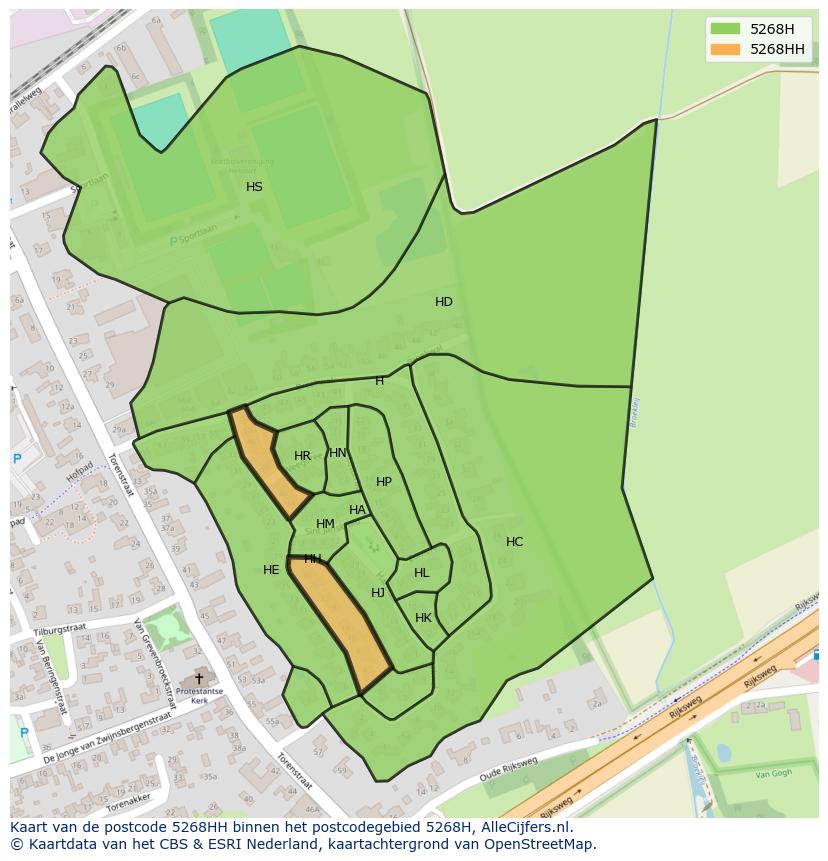 Afbeelding van het postcodegebied 5268 HH op de kaart.