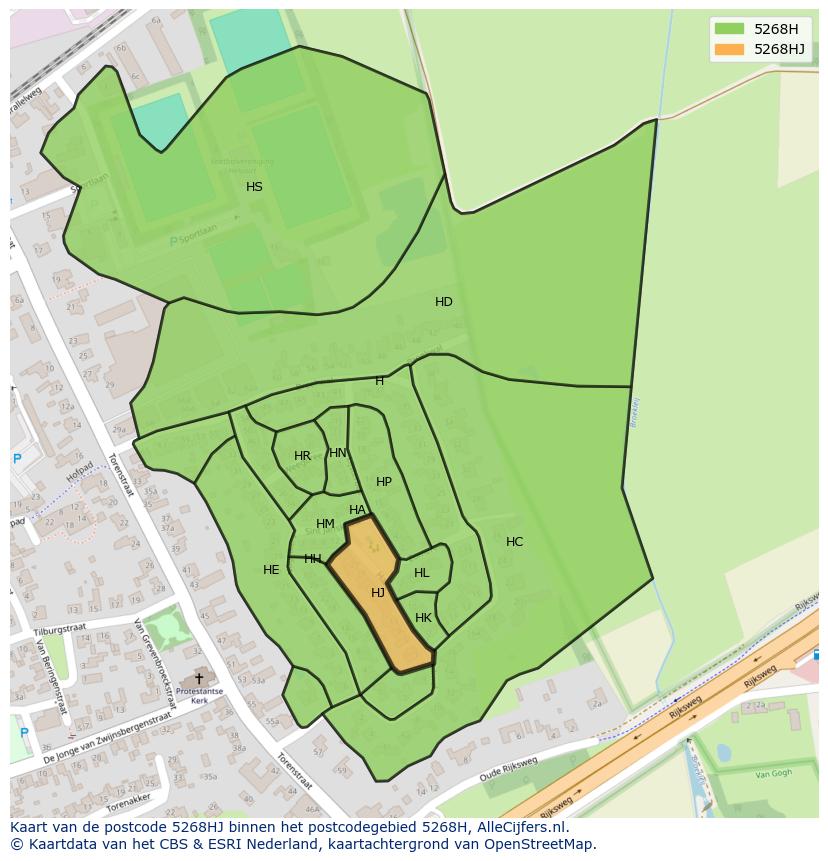 Afbeelding van het postcodegebied 5268 HJ op de kaart.