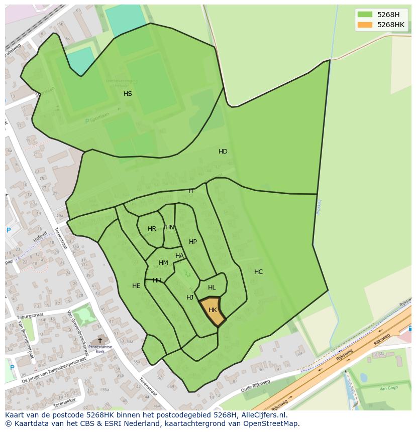 Afbeelding van het postcodegebied 5268 HK op de kaart.