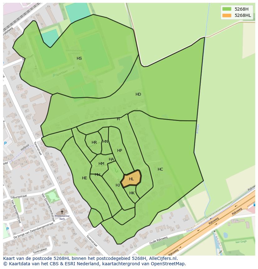 Afbeelding van het postcodegebied 5268 HL op de kaart.
