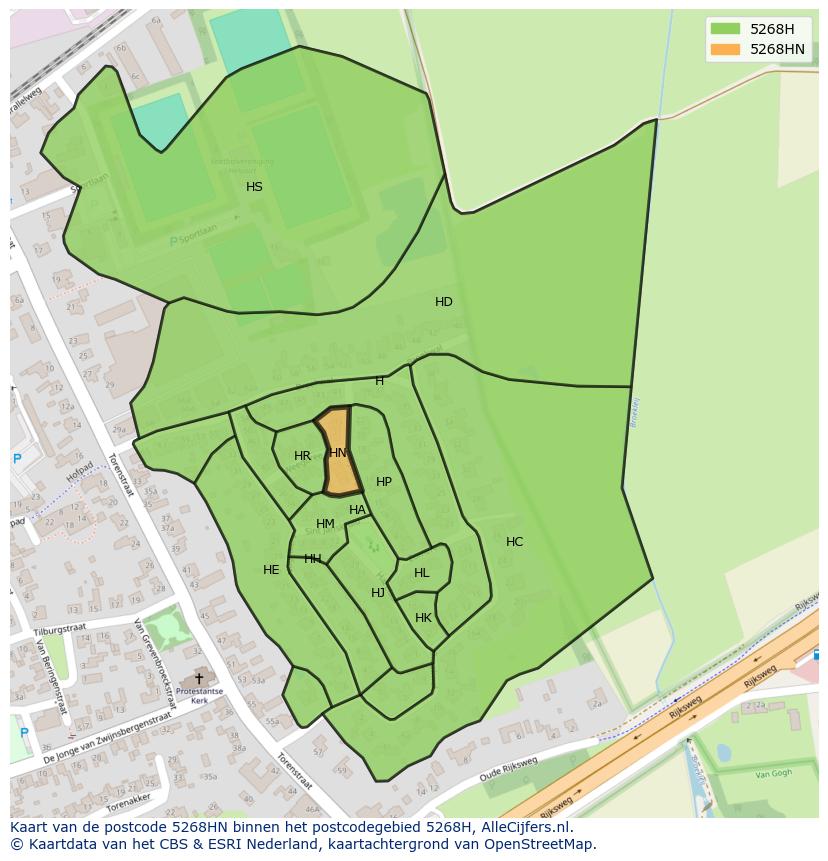Afbeelding van het postcodegebied 5268 HN op de kaart.