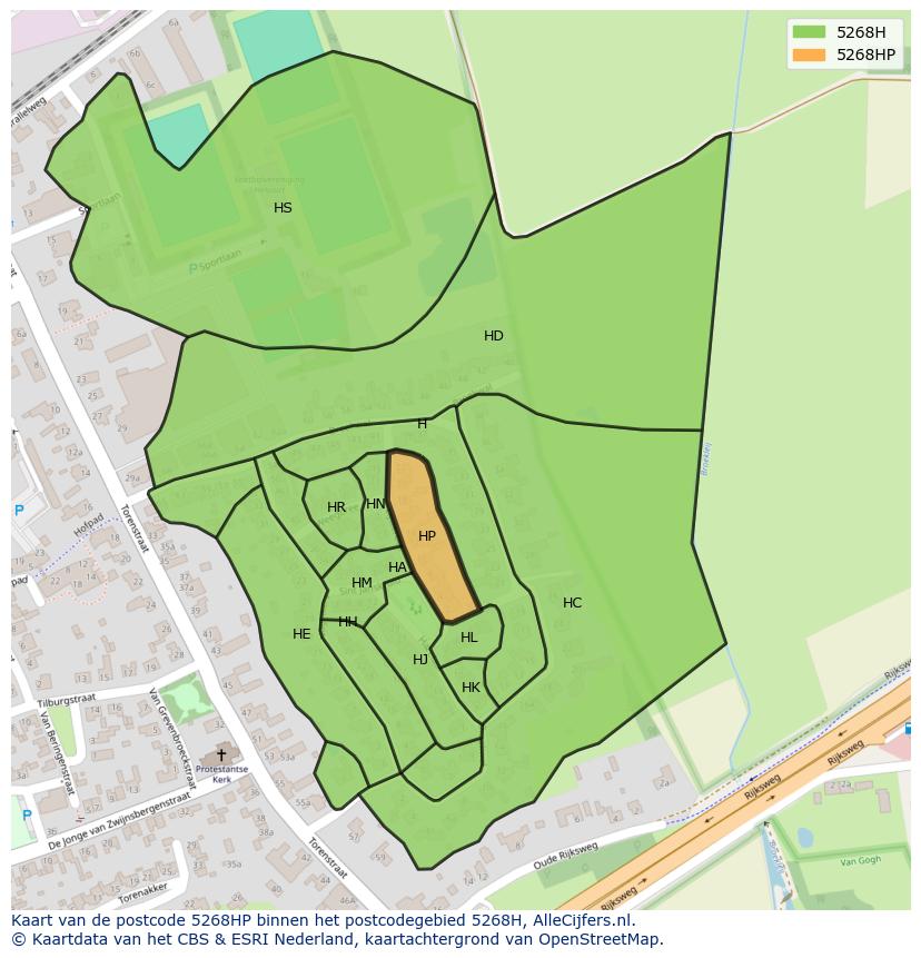 Afbeelding van het postcodegebied 5268 HP op de kaart.