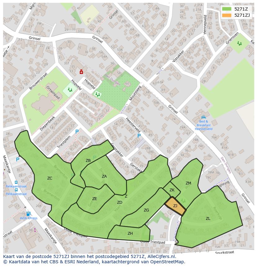 Afbeelding van het postcodegebied 5271 ZJ op de kaart.