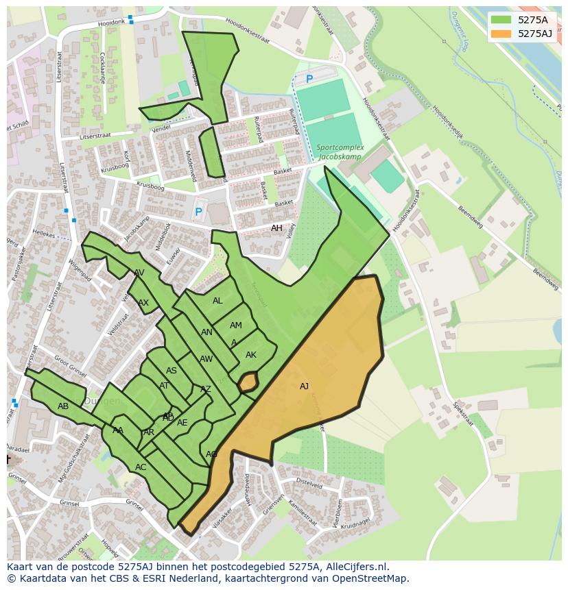 Afbeelding van het postcodegebied 5275 AJ op de kaart.