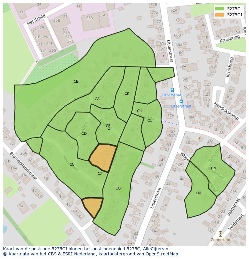 Afbeelding van het postcodegebied 5275 CJ op de kaart.