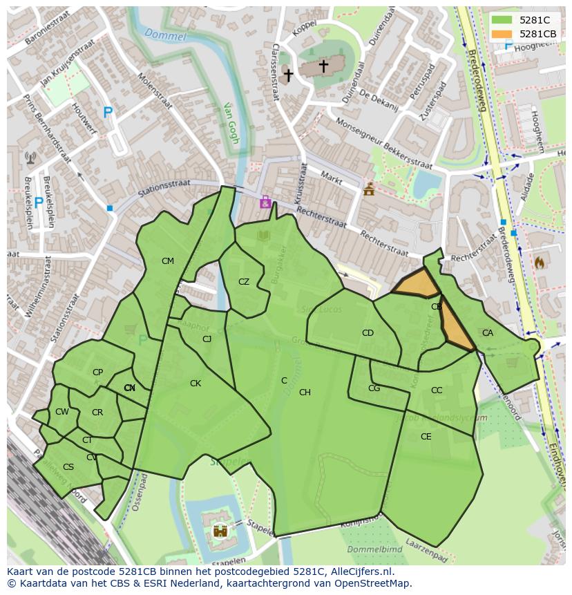 Afbeelding van het postcodegebied 5281 CB op de kaart.
