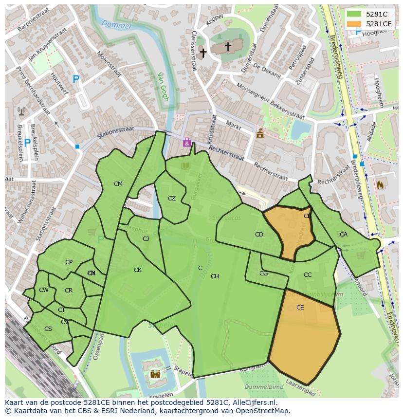 Afbeelding van het postcodegebied 5281 CE op de kaart.