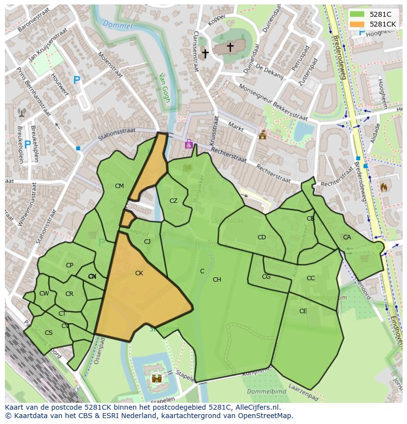 Afbeelding van het postcodegebied 5281 CK op de kaart.