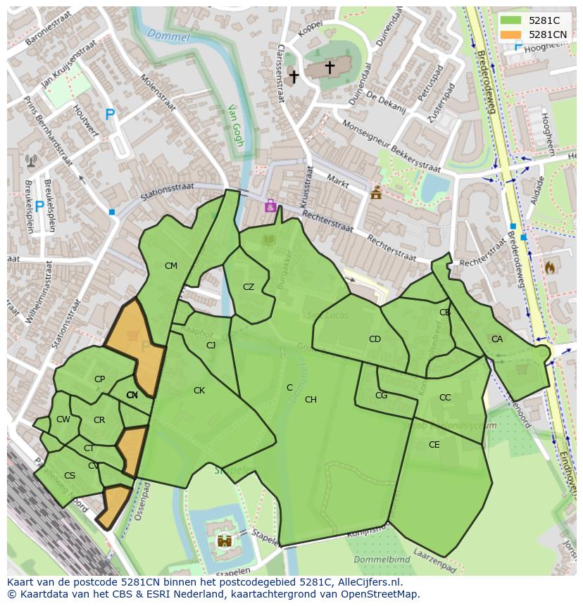 Afbeelding van het postcodegebied 5281 CN op de kaart.