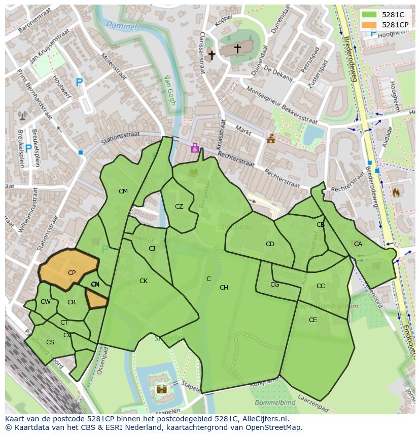 Afbeelding van het postcodegebied 5281 CP op de kaart.