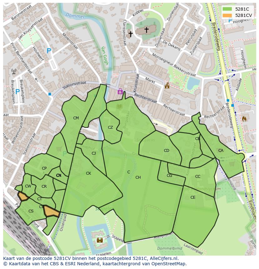 Afbeelding van het postcodegebied 5281 CV op de kaart.