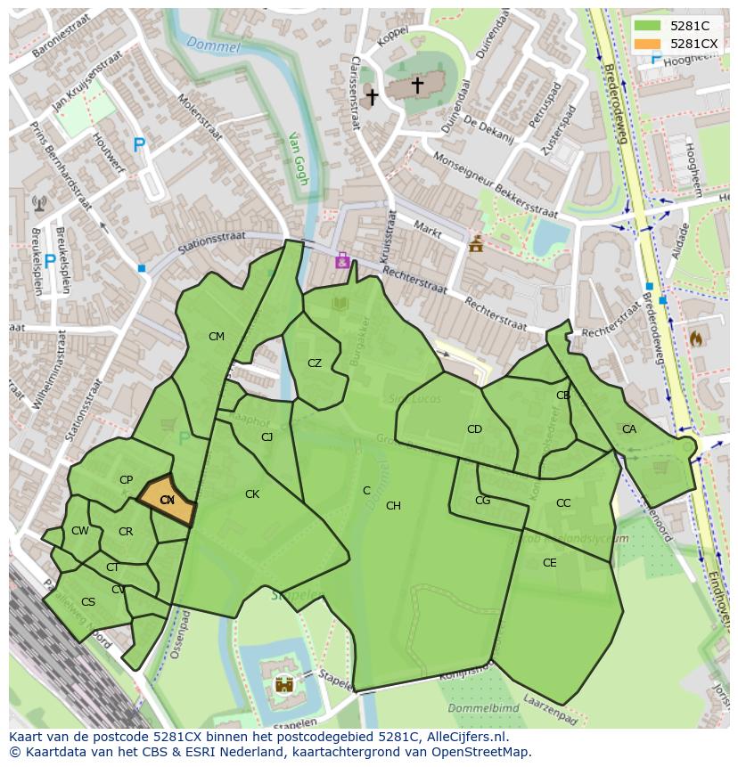 Afbeelding van het postcodegebied 5281 CX op de kaart.
