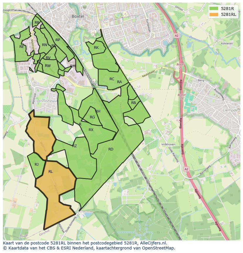 Afbeelding van het postcodegebied 5281 RL op de kaart.