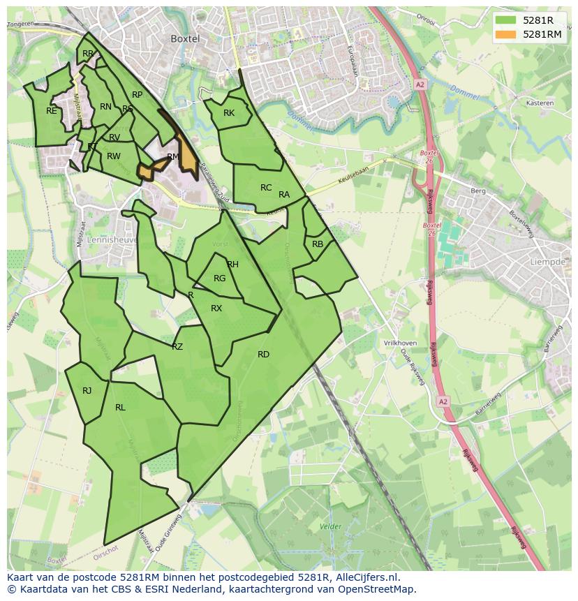 Afbeelding van het postcodegebied 5281 RM op de kaart.
