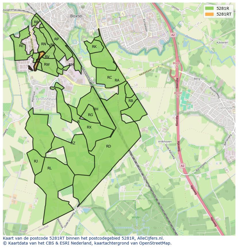 Afbeelding van het postcodegebied 5281 RT op de kaart.
