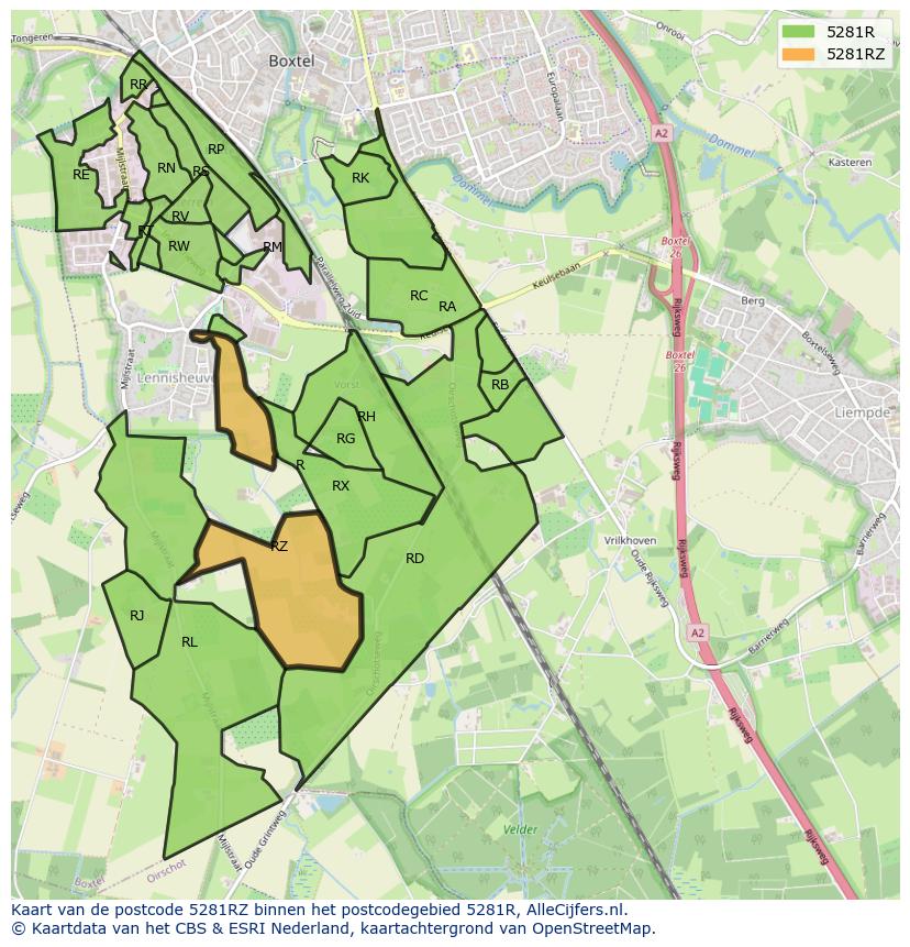 Afbeelding van het postcodegebied 5281 RZ op de kaart.