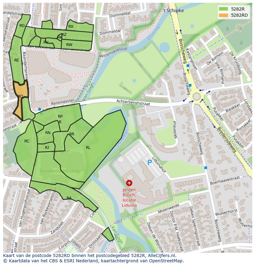 Afbeelding van het postcodegebied 5282 RD op de kaart.