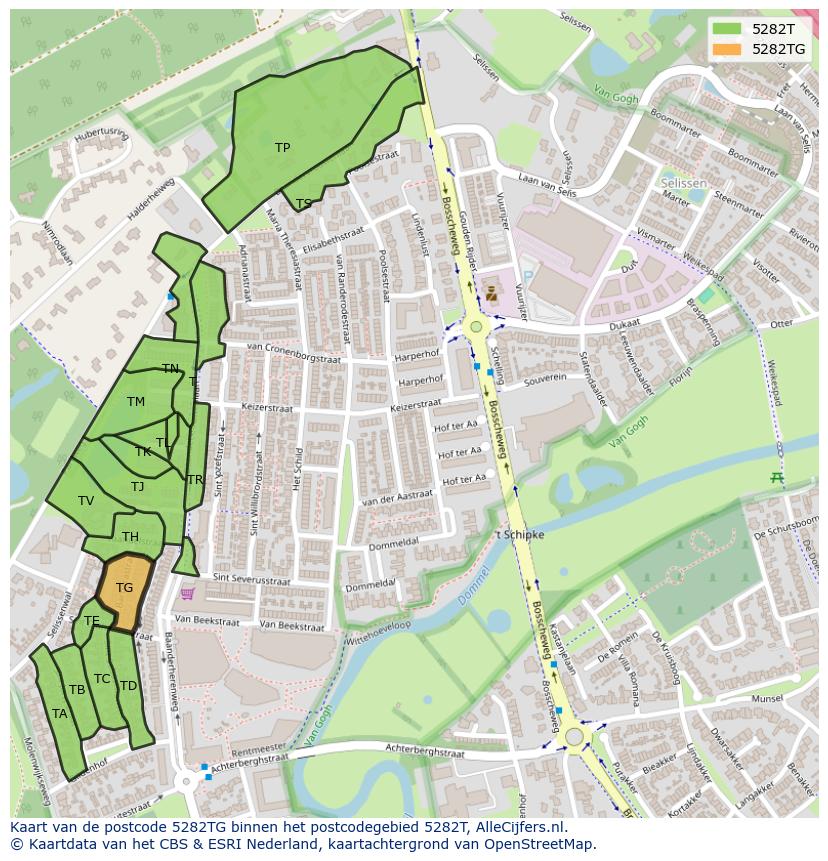 Afbeelding van het postcodegebied 5282 TG op de kaart.