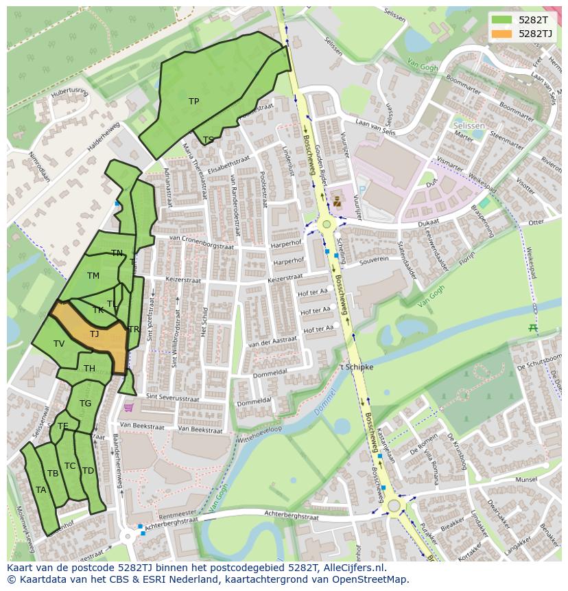 Afbeelding van het postcodegebied 5282 TJ op de kaart.