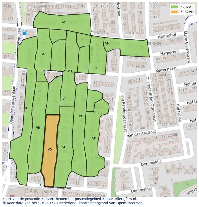 Afbeelding van het postcodegebied 5282 VD op de kaart.